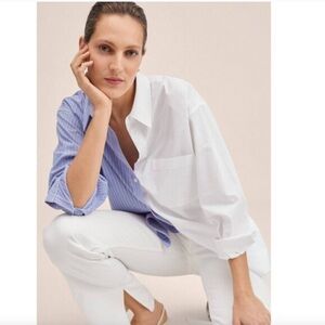 Mango MNG Pinstripe Color Block Oversized Shirt Button Down Blue White Women's